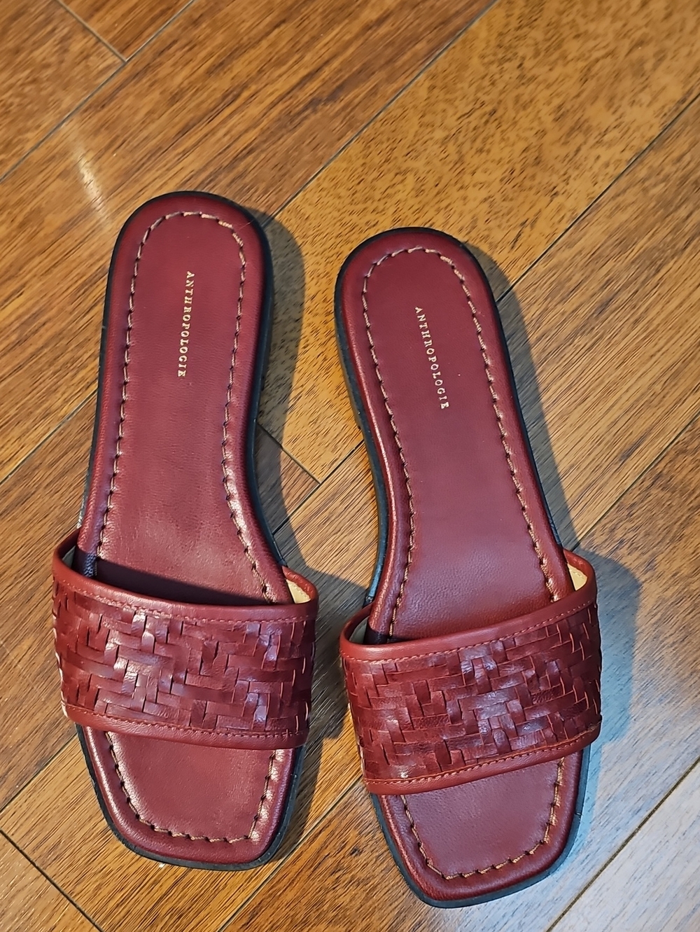 Anthropologie Burgundy Woven Leather Slide Mules